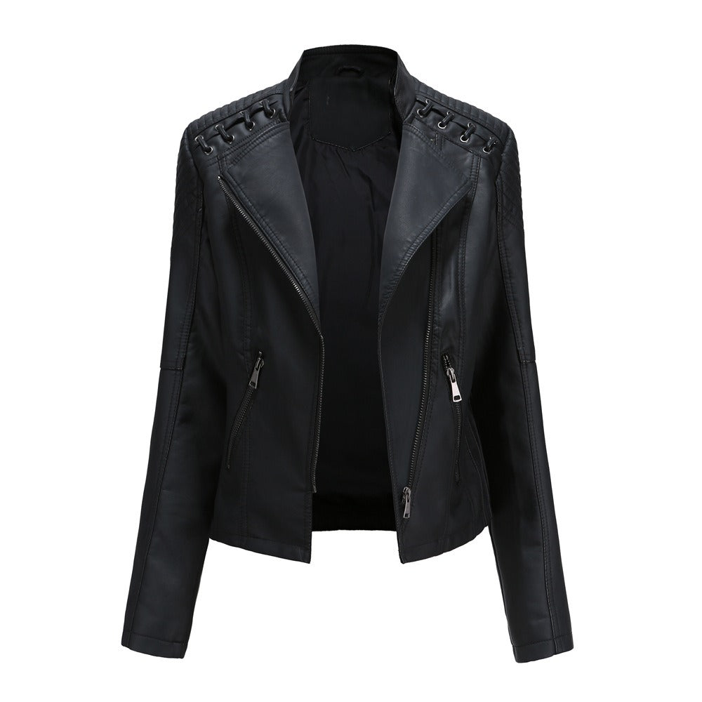 Women's slim-fit motorcycle-style leather jacket