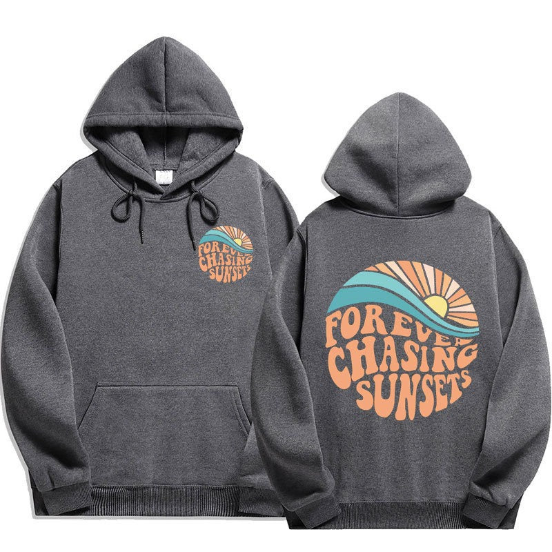 Chasing Sunsets printed cuff hoodie sweater, unisex design