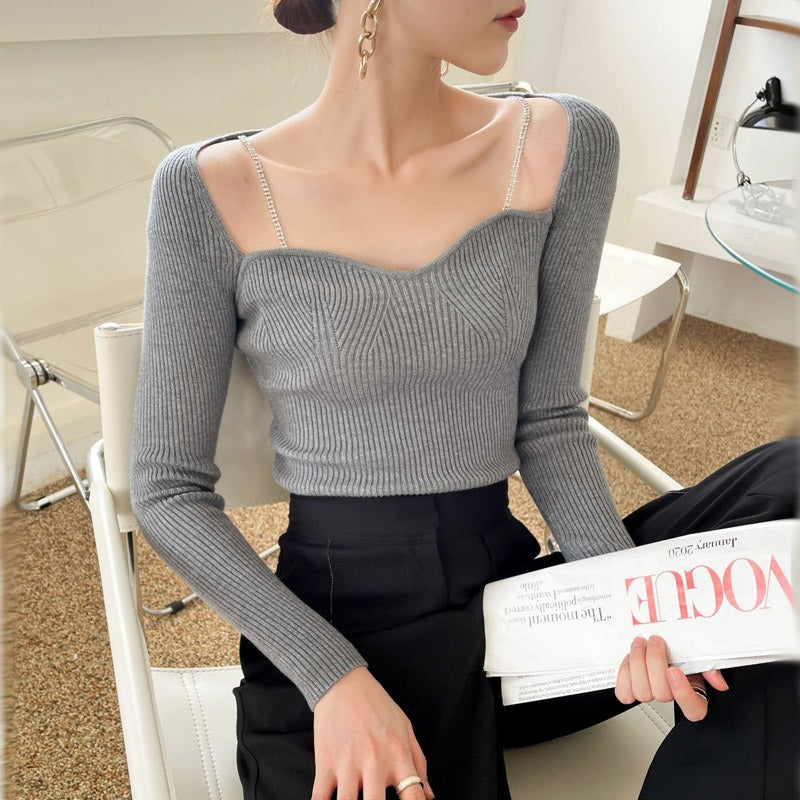 Diamond chain square neck thick knit pullover sweater for women.