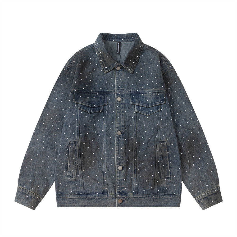 Diamond-print distressed denim jacket