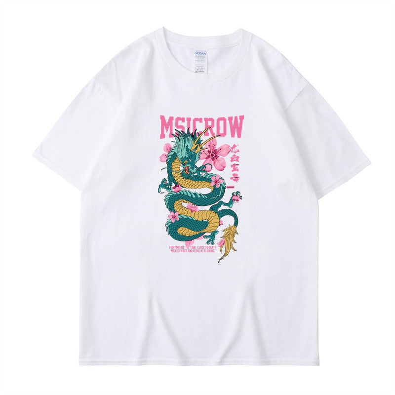 T-Shirt with Letter and Dragon Pattern Print, Unisex