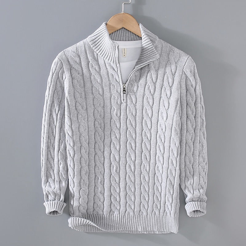 Men's thick half-zip twisted knit shirt with stand collar for autumn/winter.