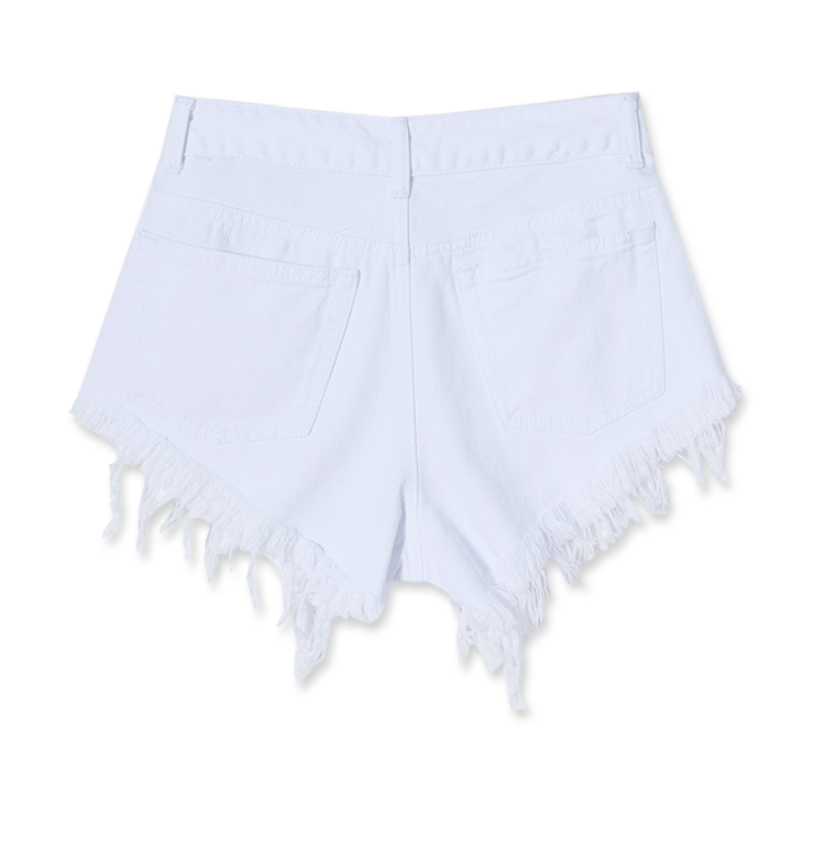 high-waist white denim shorts with frayed edges