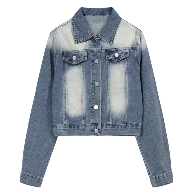 Women's patchwork washed denim coat, thin, single-breasted