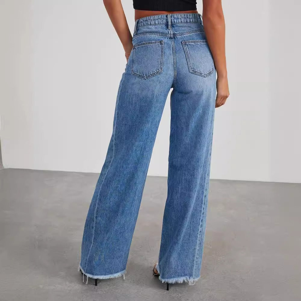 Women's loose wide-leg patchwork jeans with ground hem