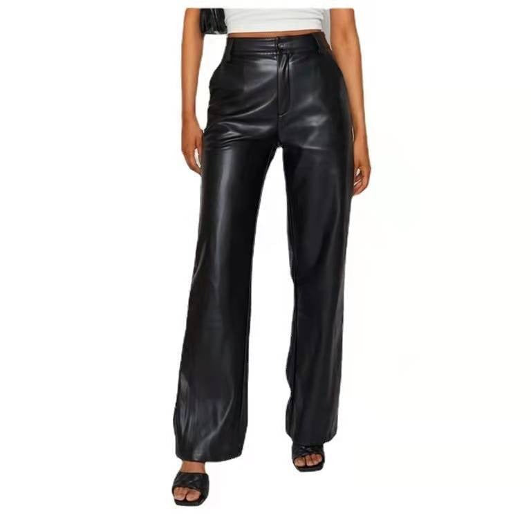 Women's high-waist PU leather wide-leg pants