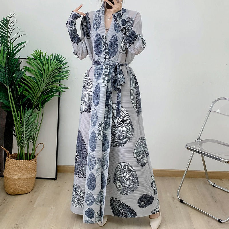 Women's Pleated Long Trench Coat - Printed Cardigan