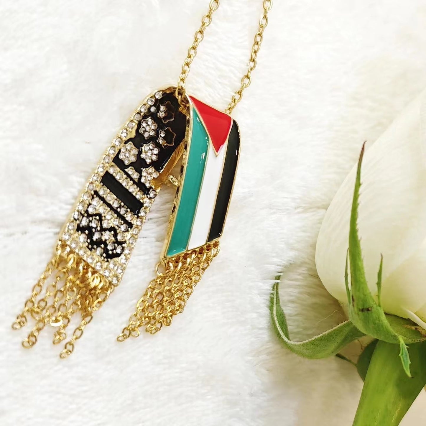 Palestinian Flag Tassel Necklace - Stainless Steel with Diamond Accents