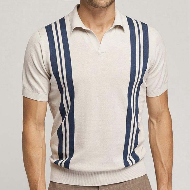 Summer striped short-sleeved knit polo shirt with a slim fit and lapel.