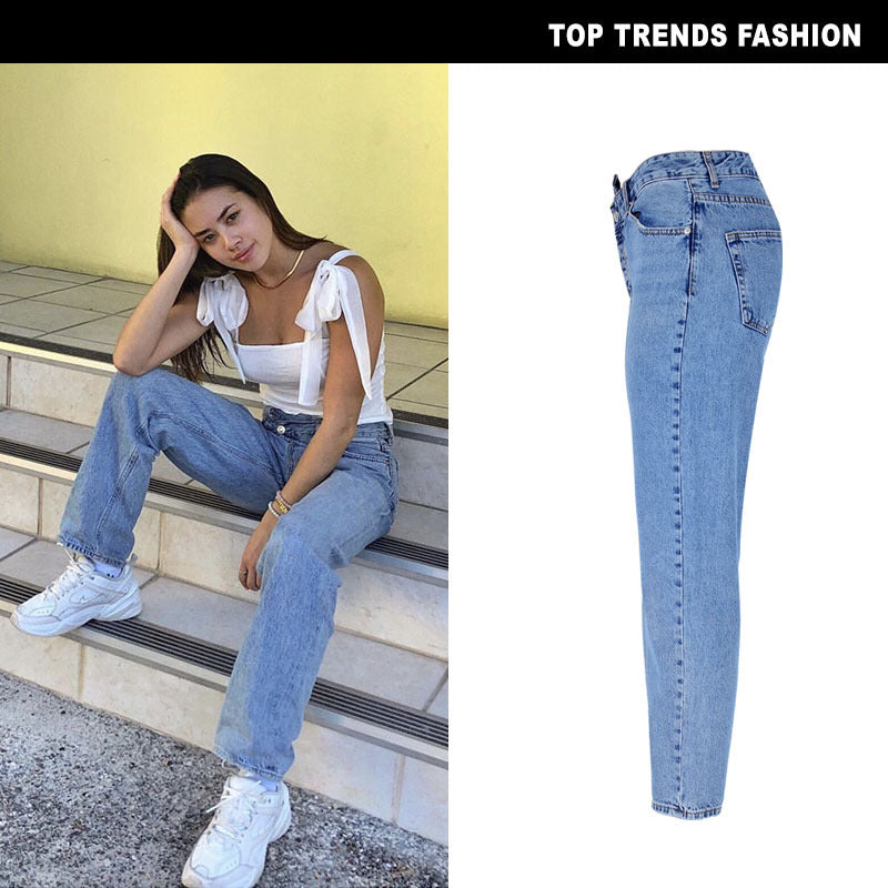 high-waist loose straight-leg flared denim trousers