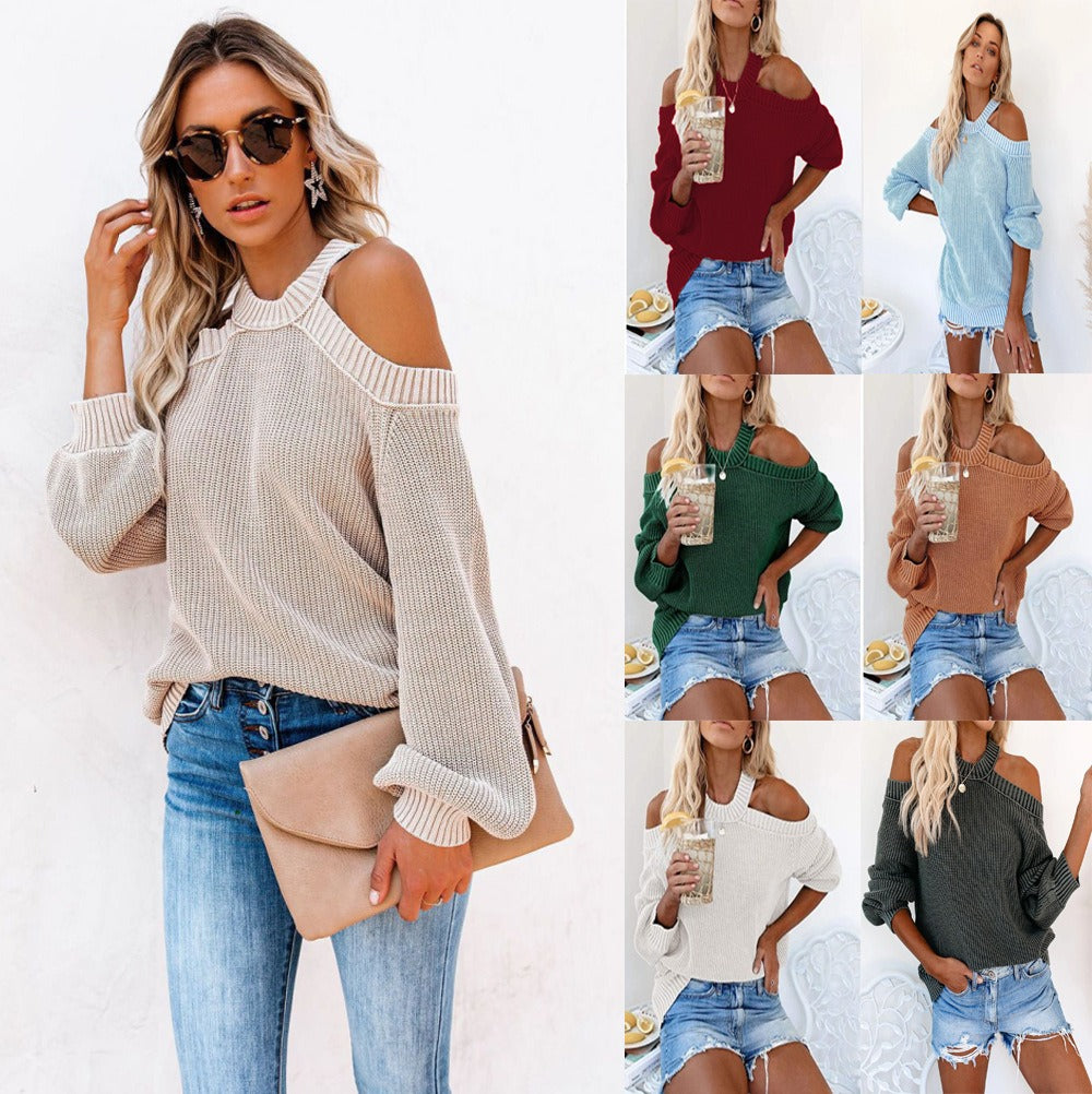 Sexy off-shoulder loose-knit sweater for women, solid color.