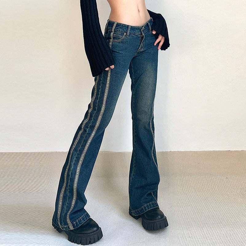 Women's vintage low-rise skinny flared jeans with striped stitching