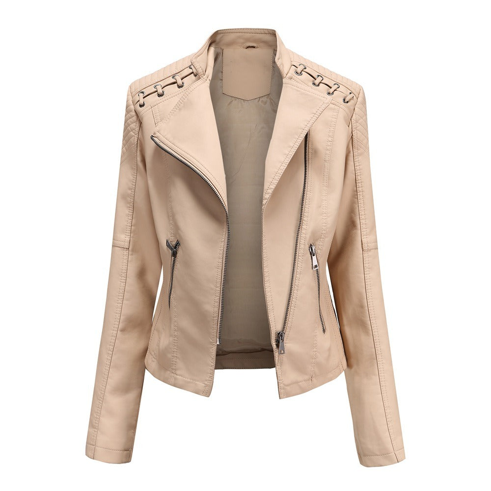 Women's slim-fit motorcycle-style leather jacket