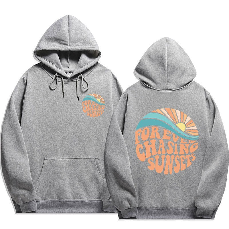 Chasing Sunsets printed cuff hoodie sweater, unisex design