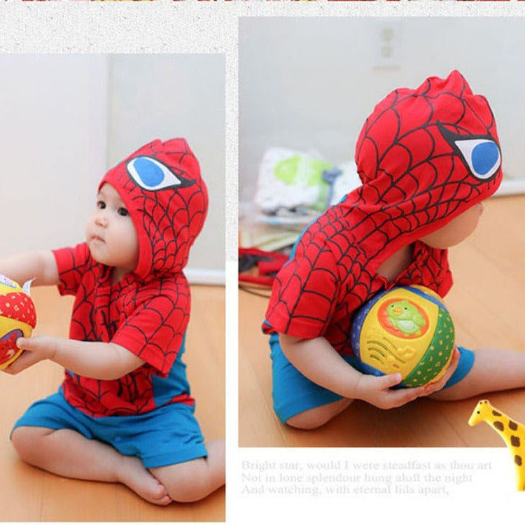 Cotton baby romper featuring Spider-Man and Superman designs, hooded jumpsuit.