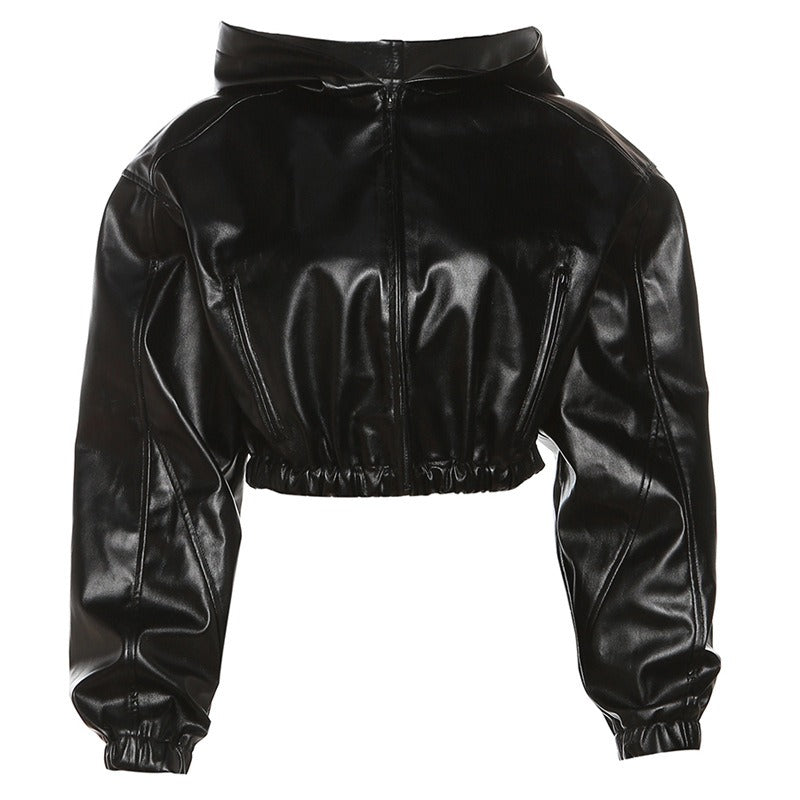 Women's zippered hooded faux leather jacket