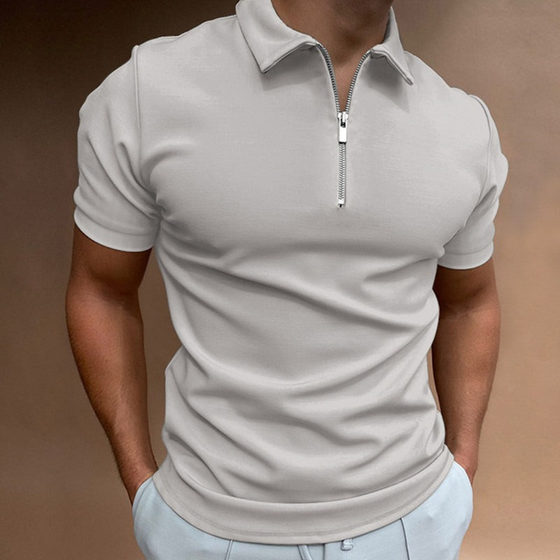 Men's summer slim-fit polo shirt with a zipper and flip collar.