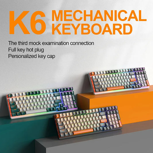 K6 mechanical keyboard with 5.0 Bluetooth, 2.4 GHz, wired modes, and backlit 100 keys for gamers.