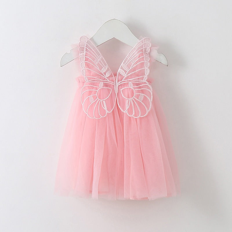 New baby girl dress with solid color and butterfly wing sleeves—sweet princess style.