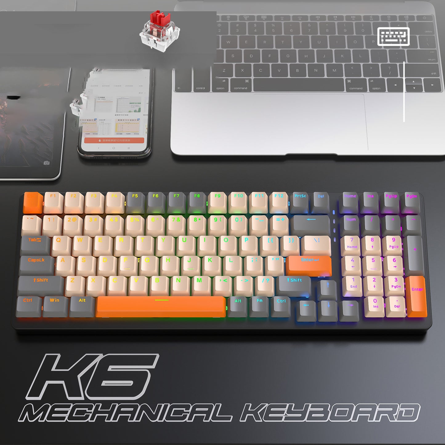 K6 mechanical keyboard with 5.0 Bluetooth, 2.4 GHz, wired modes, and backlit 100 keys for gamers.