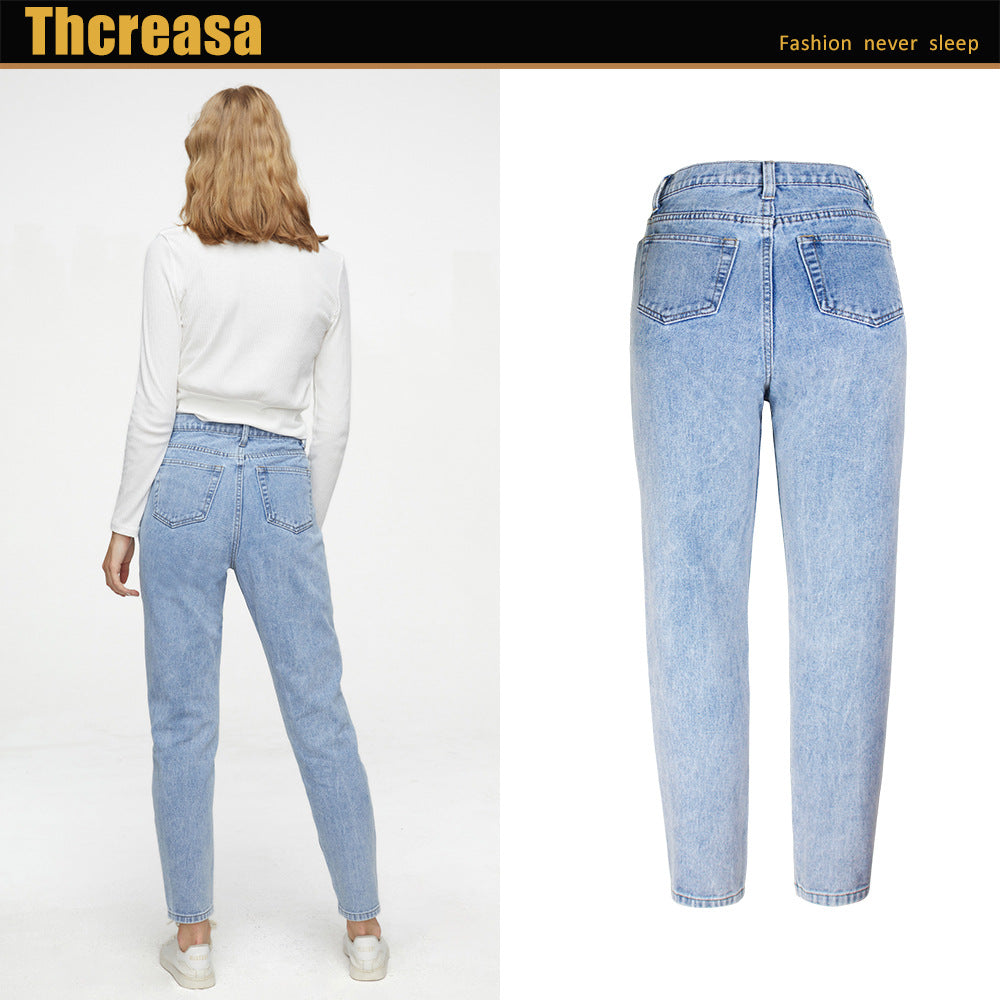 Women's High-Waist Loose BF Style Jeans with Distressed Details