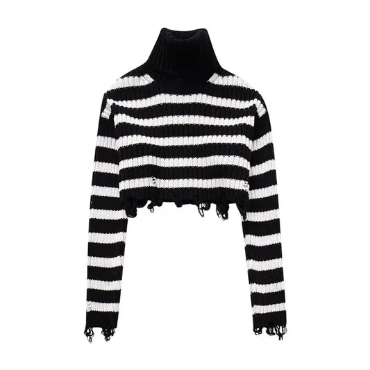 Women's cropped turtleneck knitted sweater, long sleeve, for autumn/winter.