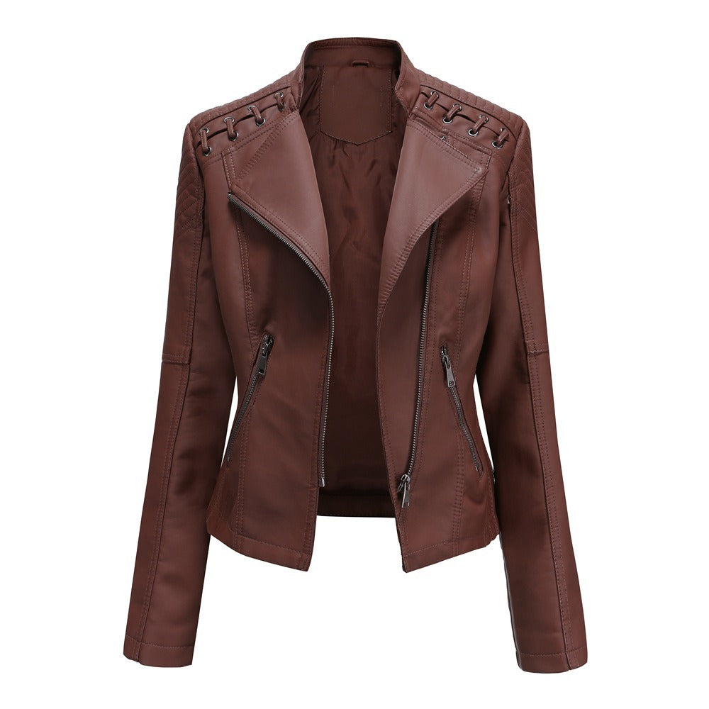 Women's slim-fit motorcycle-style leather jacket