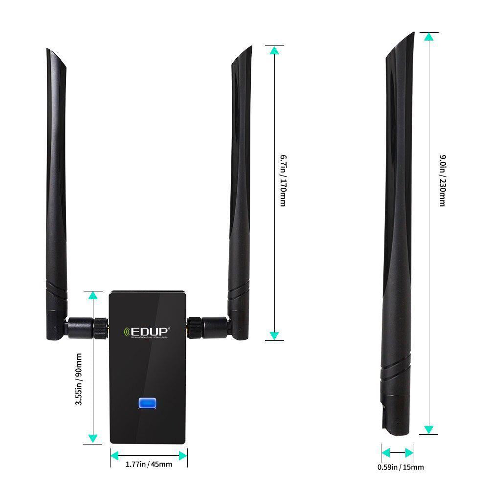 EDUP USB WiFi adapter, 1200Mbps, 5GHz high-gain antenna, 802.11ac, USB 3.0 Ethernet.