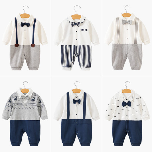 Children's long-sleeve jumpsuit for one-year-olds, gentleman-style romper in trendy INS style.