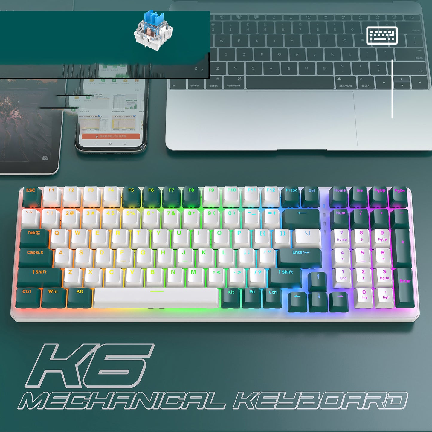 K6 mechanical keyboard with 5.0 Bluetooth, 2.4 GHz, wired modes, and backlit 100 keys for gamers.