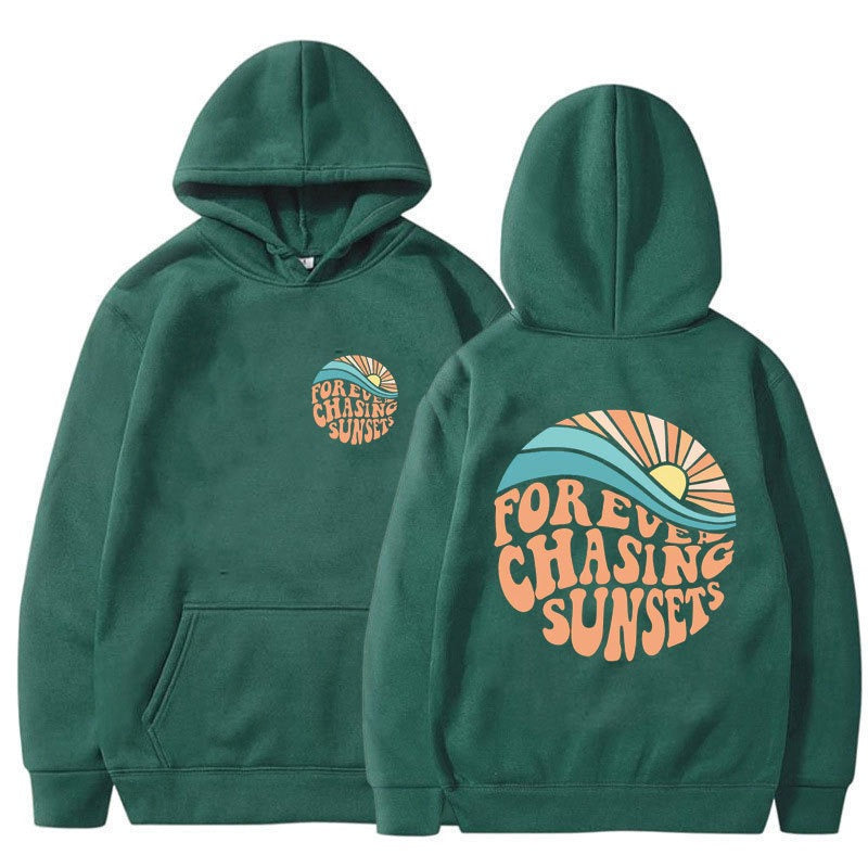 Chasing Sunsets printed cuff hoodie sweater, unisex design