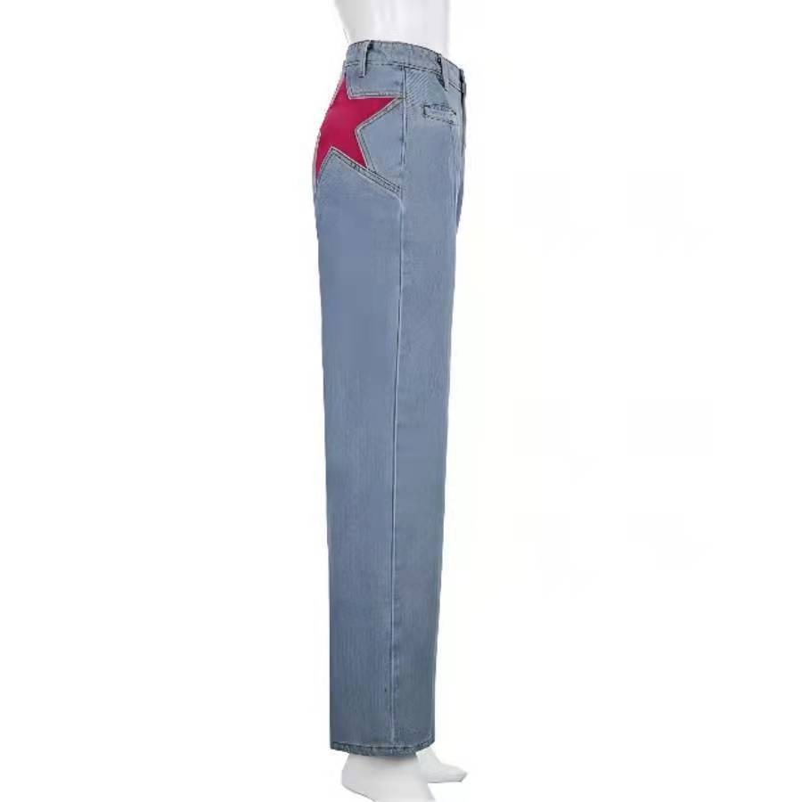 casual denim bootcut pants with mid-waist and contrast five-point back