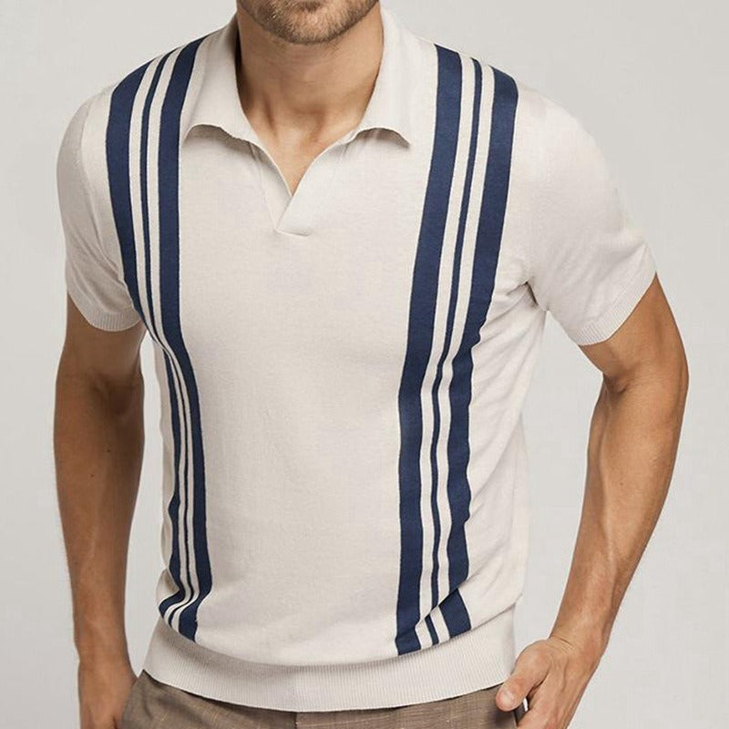 Summer striped short-sleeved knit polo shirt with a slim fit and lapel.