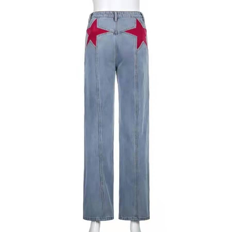 casual denim bootcut pants with mid-waist and contrast five-point back