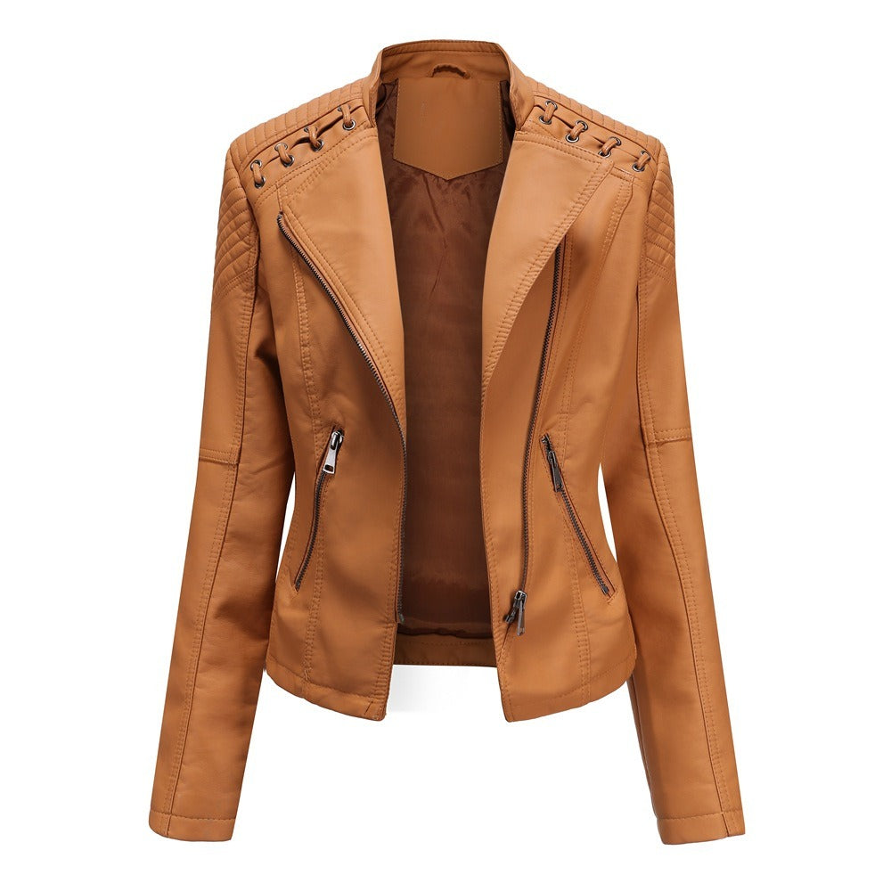 Women's slim-fit motorcycle-style leather jacket