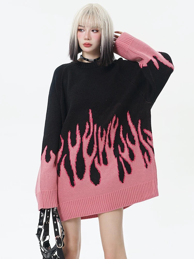 Women's flame jacquard loose pullover, contrast color, O-neck.