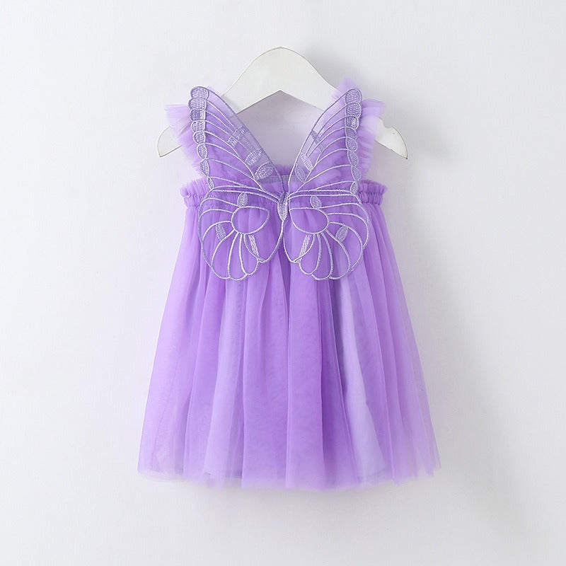 New baby girl dress with solid color and butterfly wing sleeves—sweet princess style.