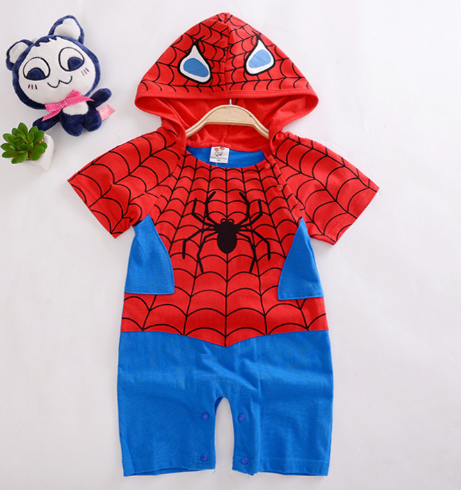 Cotton baby romper featuring Spider-Man and Superman designs, hooded jumpsuit.