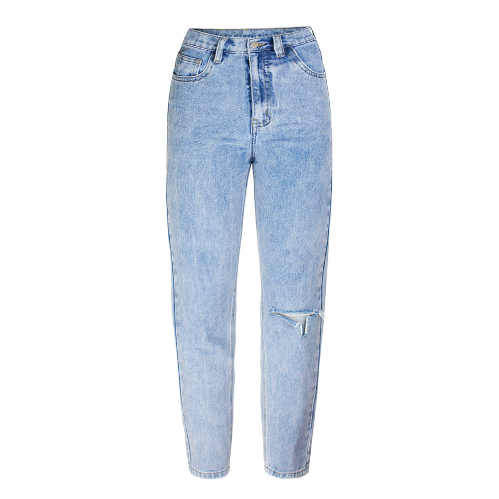 Women's High-Waist Loose BF Style Jeans with Distressed Details