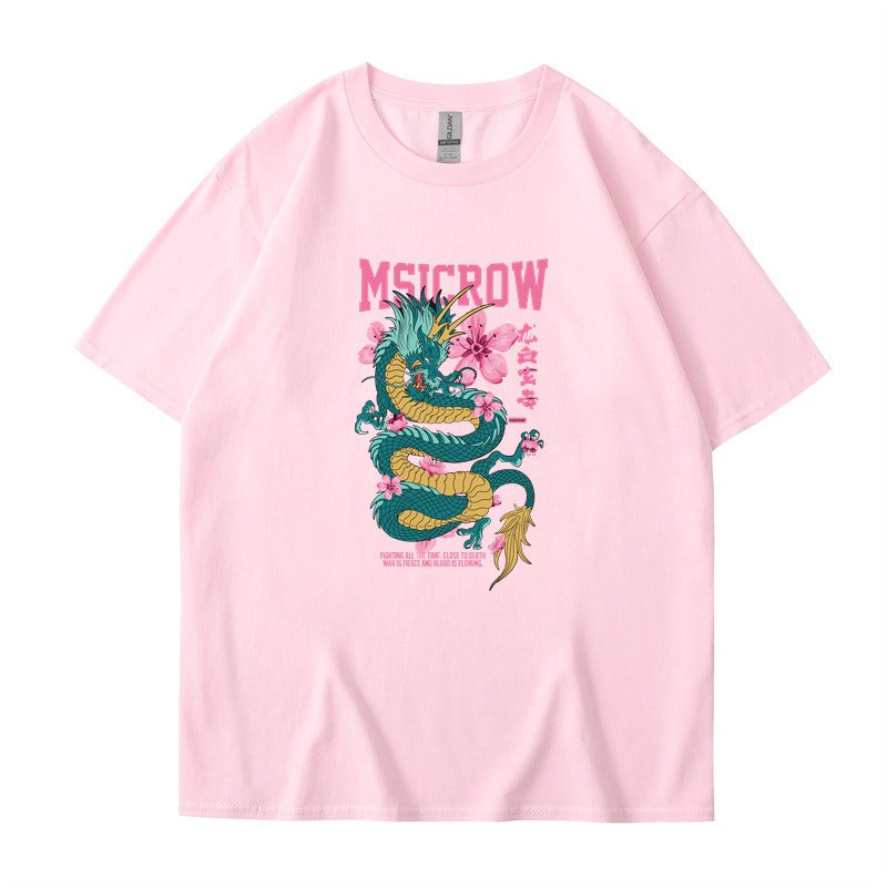 T-Shirt with Letter and Dragon Pattern Print, Unisex