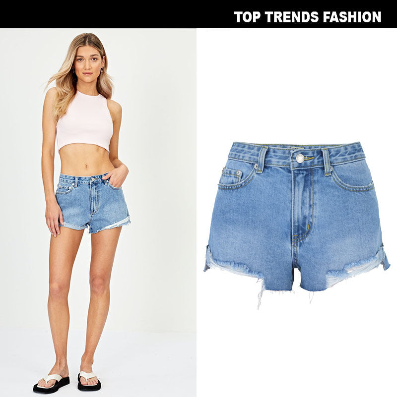 High-waist ripped denim shorts