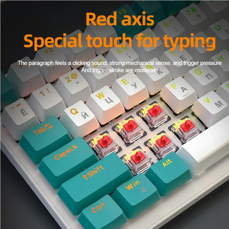 K6 mechanical keyboard with 5.0 Bluetooth, 2.4 GHz, wired modes, and backlit 100 keys for gamers.