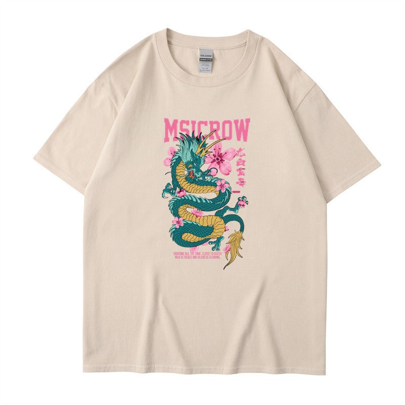 T-Shirt with Letter and Dragon Pattern Print, Unisex