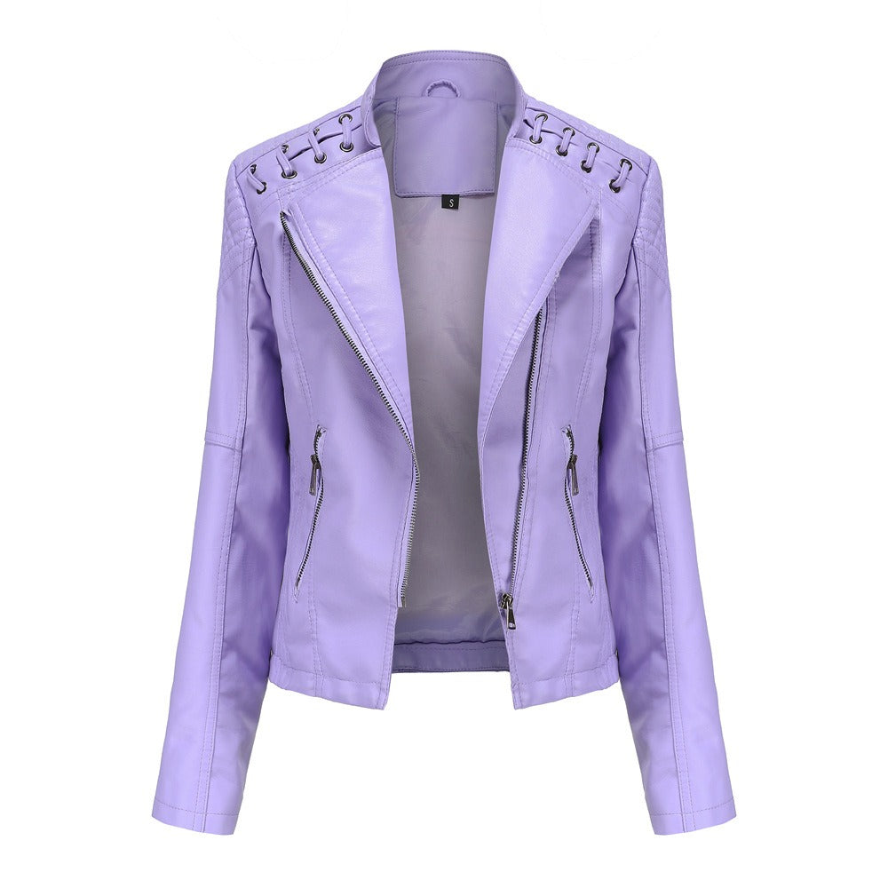 Women's slim-fit motorcycle-style leather jacket