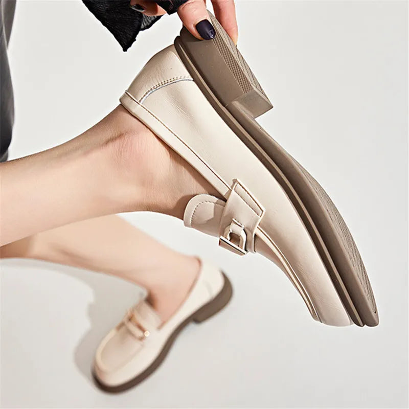 Thick-Heel Shallow Mouth Leather Women's Shoes