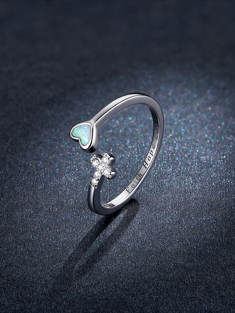 Platinum-Plated Love Cross Open Ring with Zircon Heart