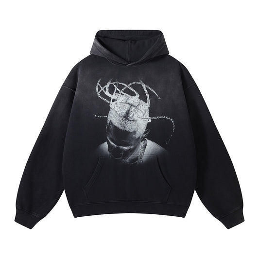 hoodie with a no-touch design,white ink printing, spray painting, dyeing, and a washed, dark, blurred look.