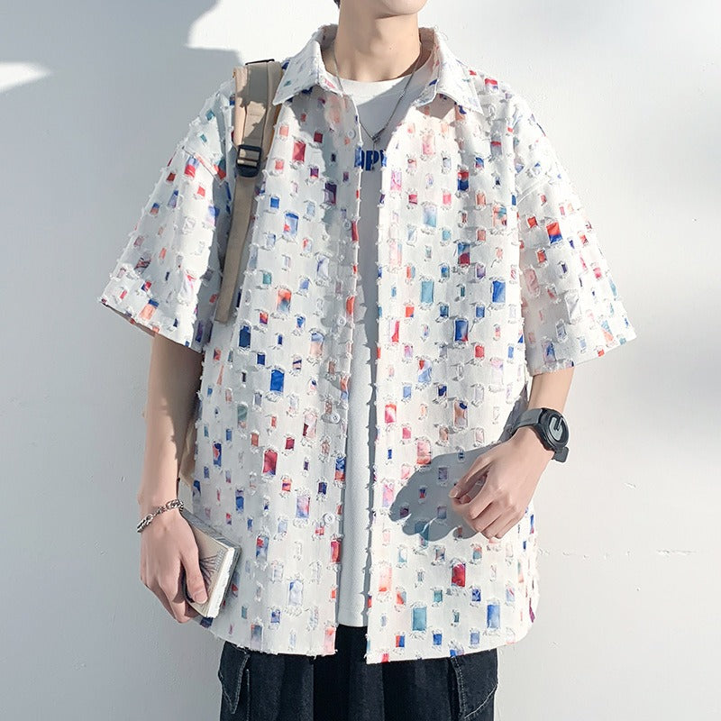 Checkered Patchwork Long-Sleeved Cotton Shirt with Hollowed-Out Design