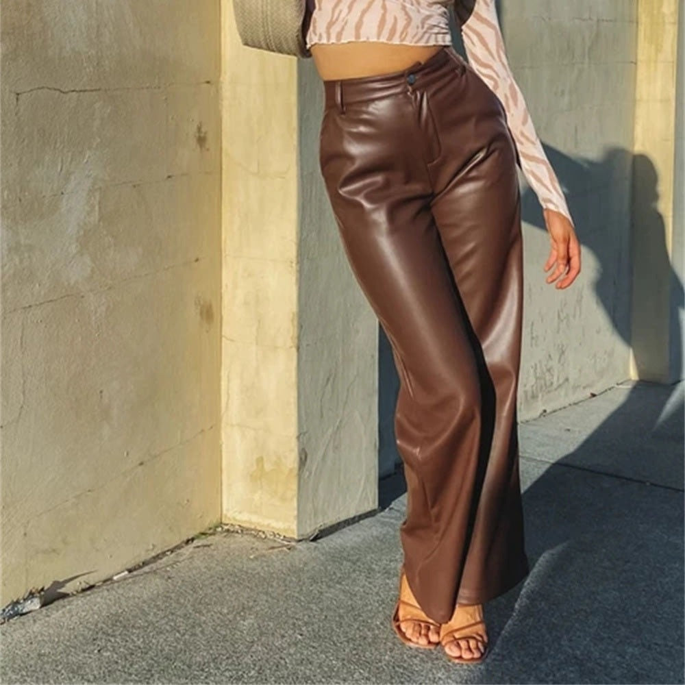 Women's high-waist PU leather wide-leg pants