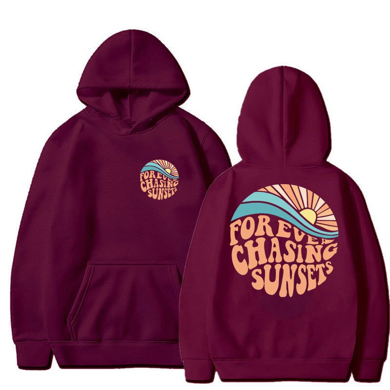 Chasing Sunsets printed cuff hoodie sweater, unisex design